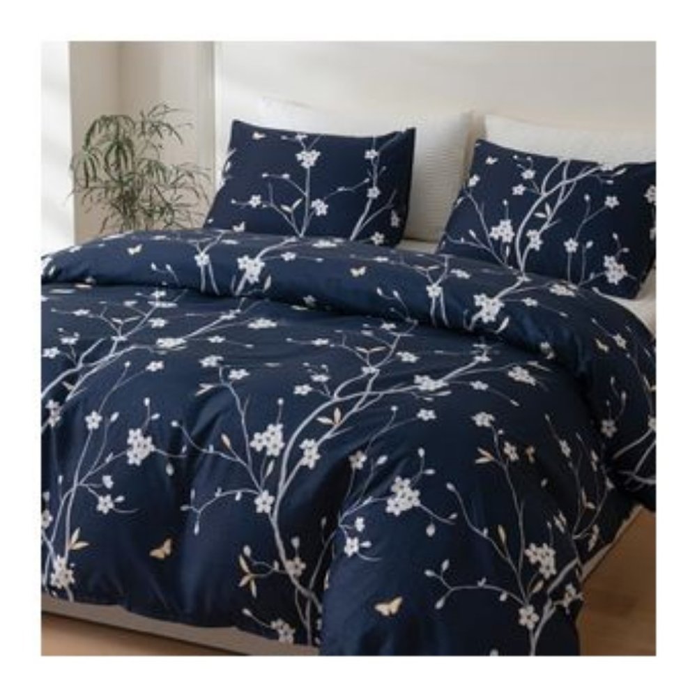 3 Piece Breathable Bedding Set with Zipper Closure, Corner Ties - Dark Blue